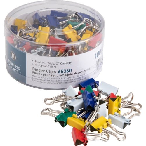 Business Source Colored Fold-back Binder Clips Mini - 0.6" Width - 0.25" Size Capacity - Assorted - Steel - 100 / Pack