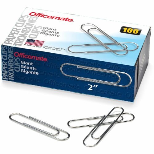 Officemate Giant Gem Paper Clips Jumbo - 2" Length x 0.5" Width - Silver - Steel - 100/Box - 10 / Pack