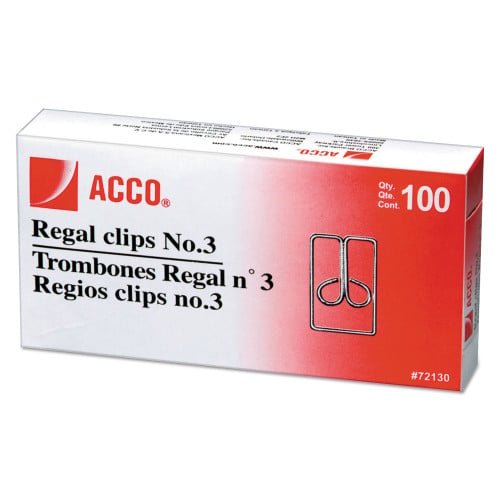 Acco Regal Clips, #3, Smooth, Silver, 100/Box