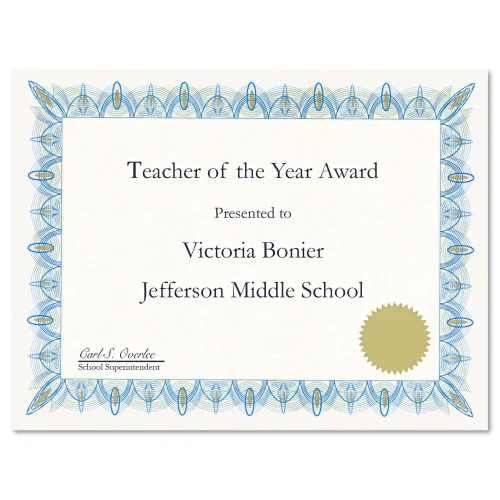 Geographics Award Certificates with Gold Seals, 8.5 x 11, Unique Blue with White Border, 25/Pack