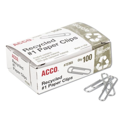 Acco® Recycled Paper Clips, No. 1 Size, 100/Box, 10 Boxes/Pack