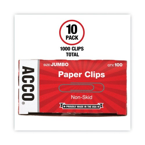 Acco Paper Clips, Jumbo, Nonskid, Silver, 100 Clips/Box, 10 Boxes/Pack