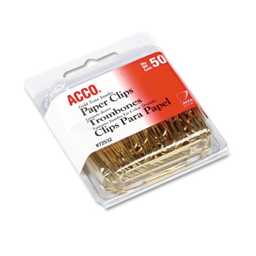 Acco® Paper Clips, Wire, Jumbo, 1-3/4", Gold Tone, 50/Box