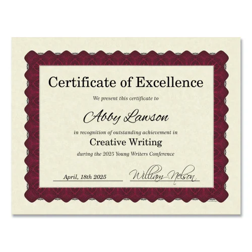 Great Papers! Metallic Border Certificates, 11 x 8.5, Ivory/Red with Red Border, 100/Pack
