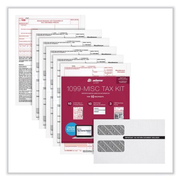 Adams 4-Part 1099-MISC Tax Form Kit with Security Envelopes and Tax Forms Helper, 2024, 8 x 5, 2 Forms/Sheet, 10 Forms Total (22907KIT)