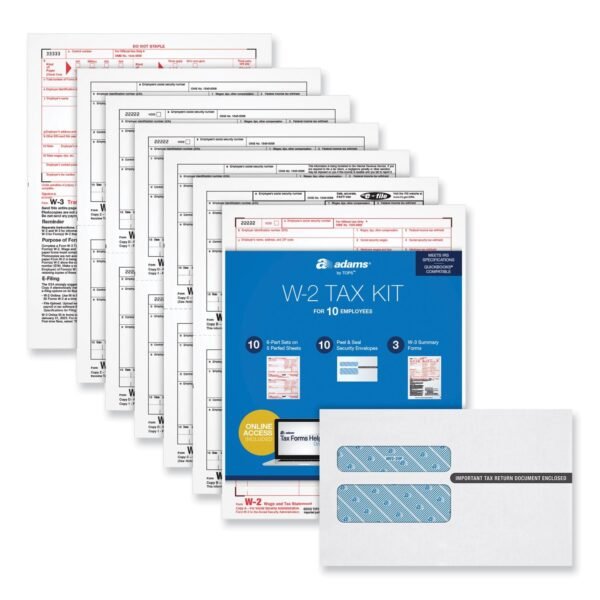 Adams 6-Part W-2 Tax Form Kit with Security Envelopes and Tax Forms Helper, 2024, 8 x 5.5, 2 Forms/Sheet, 10 Forms Total (22908KIT)