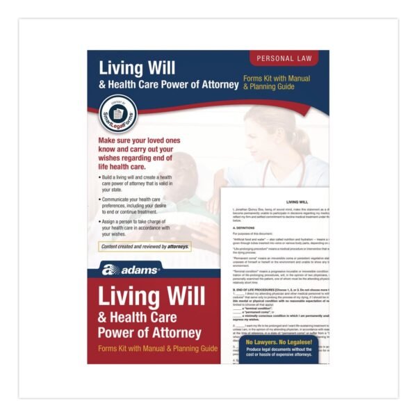 Adams Living Will and Healthcare POA Form Kit with Instructions and Digital Download, 8.5 x 11, Unlimited Number of Forms (K306)