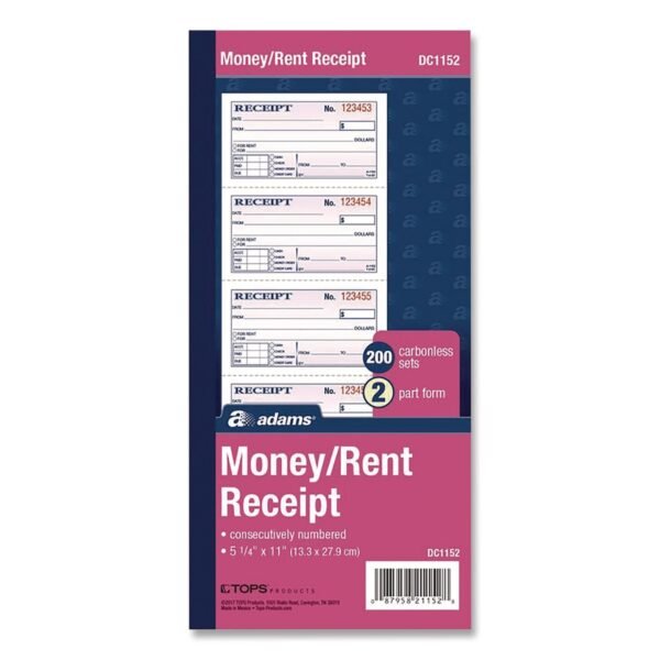 Adams Money/Rent Receipt Book, Two-Part Carbonless, 4.75 x 2.75, 200 Forms Total (DC1152)
