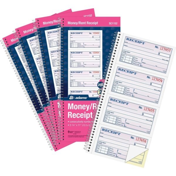 Adams Spiral 2-part Money/Rent Receipt Book 200 Sheet(s) - Spiral Bound - 2 Part - 11" x 5.25" Form Size - White, Canary - Assorted Sheet(s) - 5 / Pack (SC1152PK)