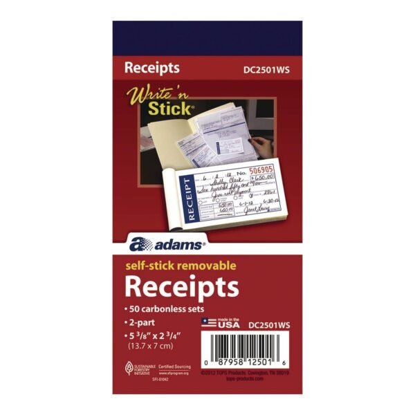 Adams Write 'n Stick Receipt Book, Two-Part Carbonless, 4.88 x 2.75, 50 Forms Total (DC2501WS)
