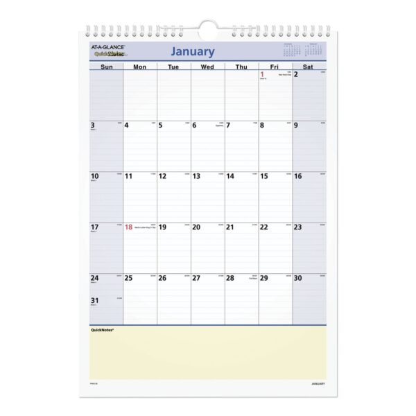 AT-A-GLANCE QuickNotes Wall Calendar, 12 x 17, White/Blue/Yellow Sheets, 12-Month (Jan to Dec): 2026 (PM5228)