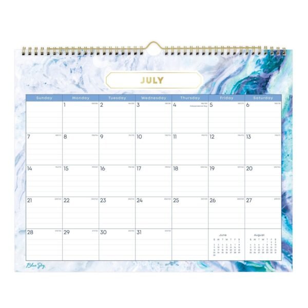 Blue Sky Gemma Academic Wall Calendar, Geode Artwork, 15" x 12", White/Blue Sheets, 12-Month (July to June): 2025 to 2026 (147010)