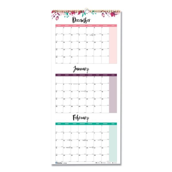 Blueline 3-Month Quarterly Wall Calendar, Passion Floral Artwork, 12.25 x 27, White/Multicolor Sheets, 14-Month: Dec 2025 to Jan 2027 (C171129)