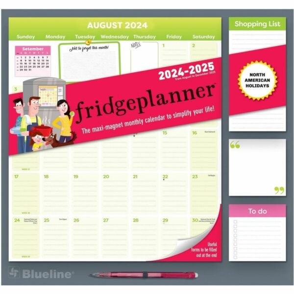 Blueline Fridge Planner Magnetized Monthly Calendar with Pads + Pencil, 14 x 13.5, Yellow/Green Sheets, 17-Month: Aug 2025 to Dec 2026 (C174110A)