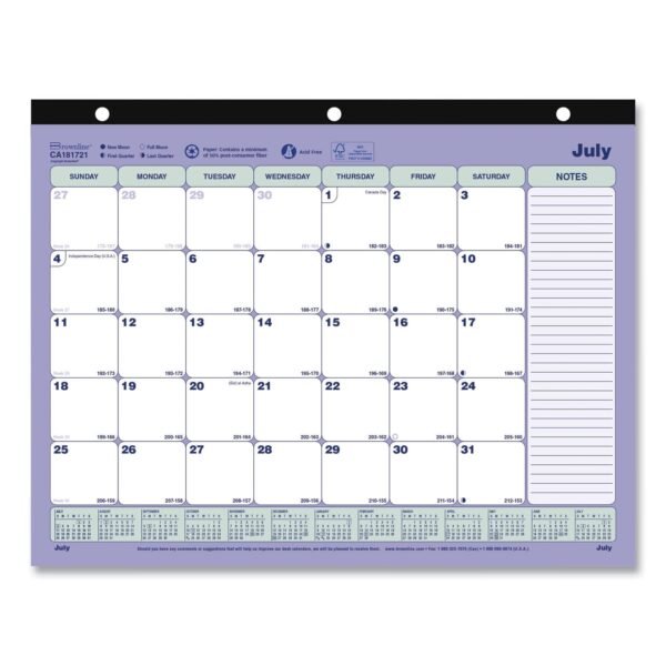 Brownline Academic 13-Month Binder-Insertable Desk Pad Calendar, 11 x 8.5, White/Blue/Green Sheets, 13-Month: July 2025 to July 2026 (CA181721)
