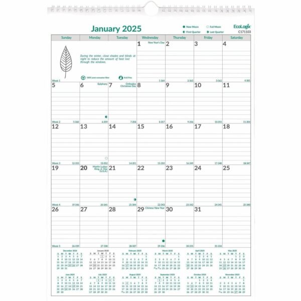 Brownline EcoLogix Monthly Wall Calendar, Twin-Wire Binding, 100% Recycled (C171103)