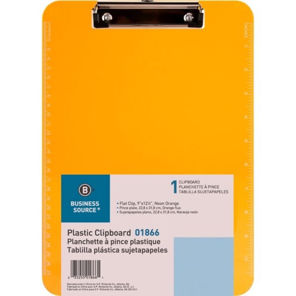 Business Source Flat Clip Clipboard 9" x 12" Sheet Size - Plastic - Neon Orange - 1 Each (BSN01866)