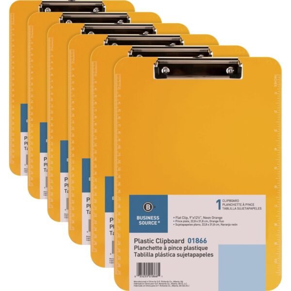 Business Source Flat Clip Clipboard 9" x 12" Sheet Size - Plastic - Neon Orange - 6 / Bundle (BSN01866BD)