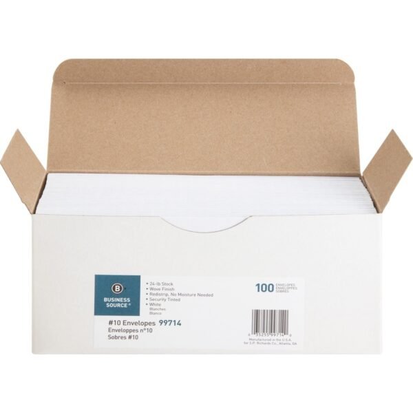 Business Source No. 10 Peel-to-seal Security Envelopes Business - #10 - 4 1/8" Width x 9 1/2" Length - 24 lb - Peel & Seal - White - Wove - 100 / Box (BSN99714)
