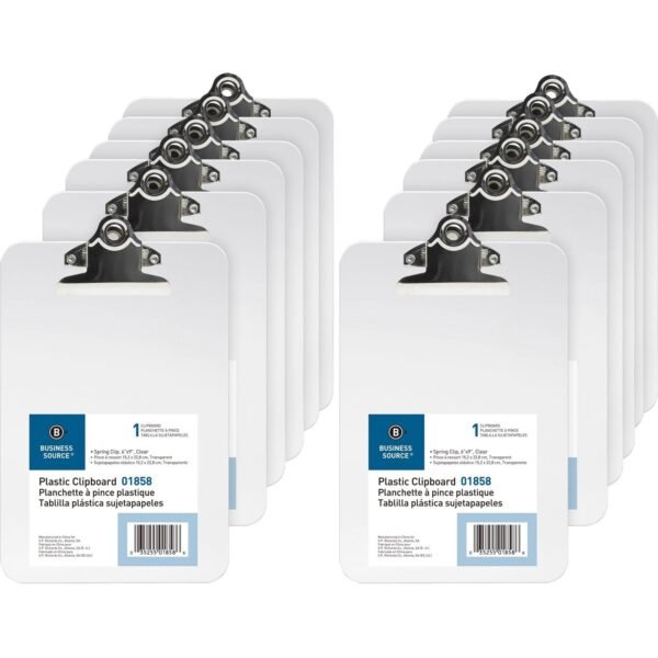 Business Source Plastic Clipboard 6" x 9" Sheet Size - Spring Clip - Plastic - Clear - 12 / Box (BSN01858BX)