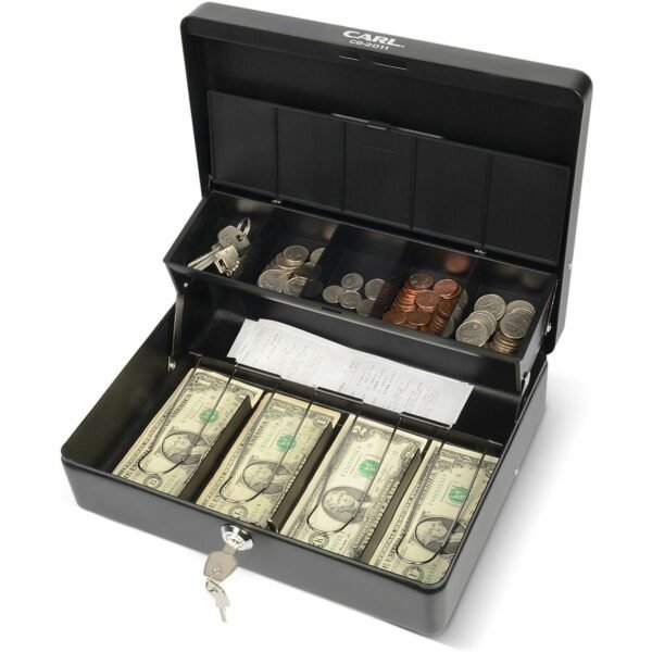 CARL Bill Slots Steel Security Cash Box 4 Bill - 5 Coin - Steel - Black - 3.5" Height x 10" Width x 7" Depth (82011)