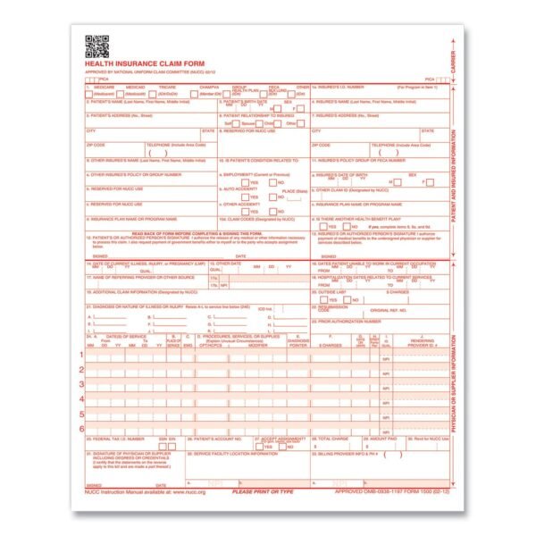 ComplyRight CMS-1500 Health Insurance Claim Form, One-Part (No Copies), 8.5 x 11, 1,000 Forms Total (CMS12LC1)