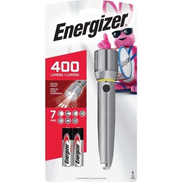 Energizer Vision HD Performance Metal Flashlight with Digital Focus LED - 400 lm Lumen - 2 x AA - Battery - Metal - Water Resistant - Chrome - 1 Each (EPMZH21E)