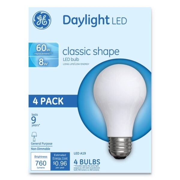 GE Classic LED Non-Dim A19 Light Bulb, 8 W, Daylight, 4/Pack (99192)