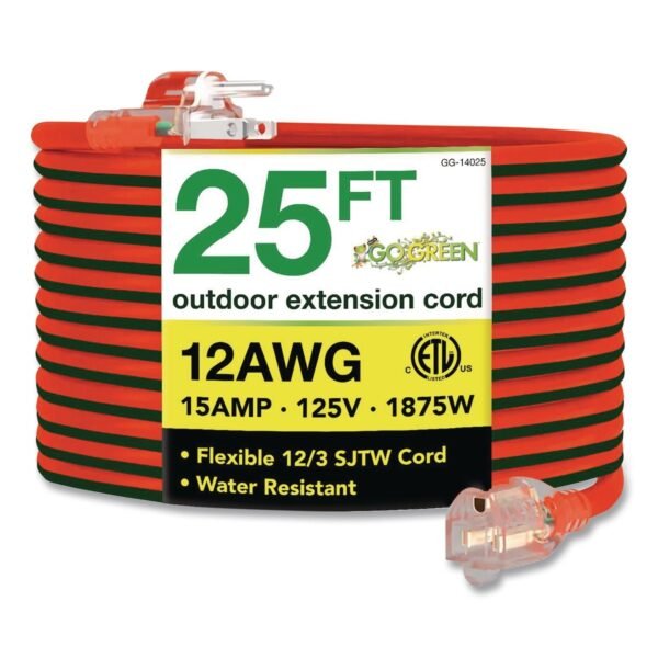 GoGreen Power 12 AWG Lighted End Heavy-Duty Extension Cord, 25 ft, 15 A, Orange/Black (GG14025)