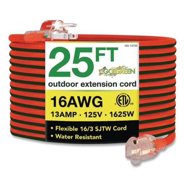 GoGreen Power 16 AWG Outdoor Extension Cord, 25 ft, 13 A, Orange (13725)