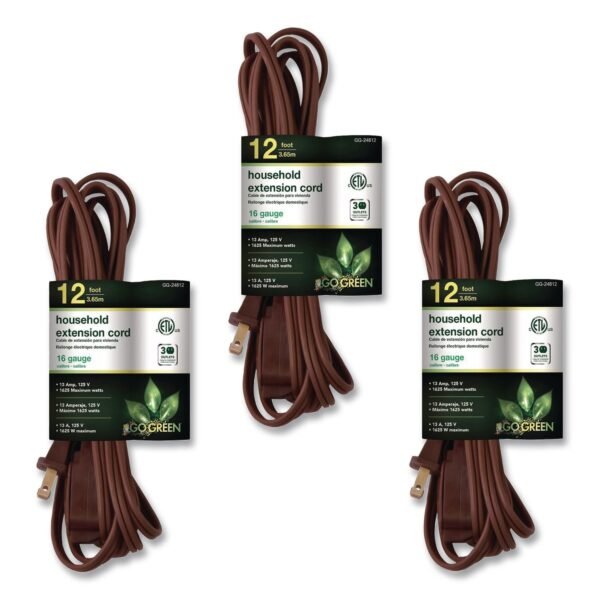 GoGreen Power Household Extension Cord, 12 ft, 13 A, Brown, 3/Pack (GG248123)