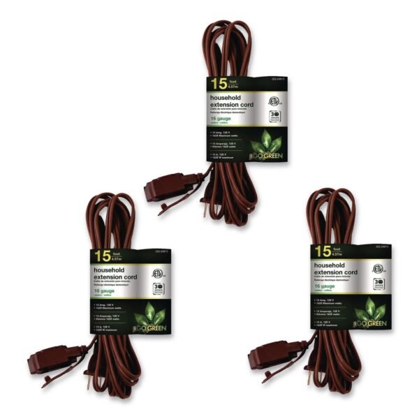 GoGreen Power Household Extension Cord, 15 ft, 13 A, Brown, 3/Pack (GG248153)