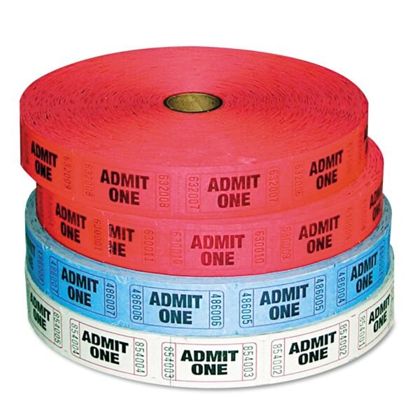 ICONEX Admit-One Ticket Multi-Pack, 2 Red, 1 Blue, 1 White, 2,000/Roll, 4 Rolls/Pack (94190081)