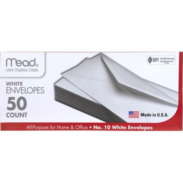 Mead Plain White Envelopes Business - #10 - 4 1/8" Width x 9 1/2" Length - Gummed - White - 50 / Box (75050)