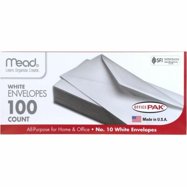 Mead Plain White Envelopes Business - #10 - 4 1/8" Width x 9 1/2" Length - Gummed - White - 100 / Box (75064)