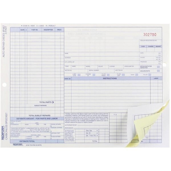 Rediform 3-part Auto Repair Order Forms 3 Part - Carbonless Copy - 11" x 8.50" Sheet Size - Assorted Sheet(s) - Blue Print Color - 50 / Pack (4P487)