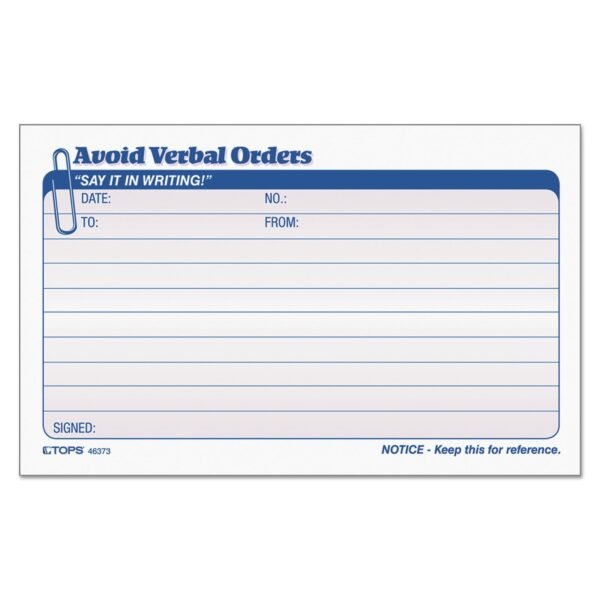 TOPS Avoid Verbal Orders Manifold Book, Two-Part Carbonless, 6.25 x 4.25, 50 Forms Total (46373)