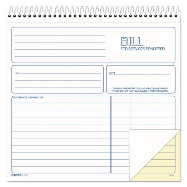 TOPS Bill for Services Rendered Book, Two-Part Carbonless, 8.5 x 7.75, 50 Forms Total (4133)
