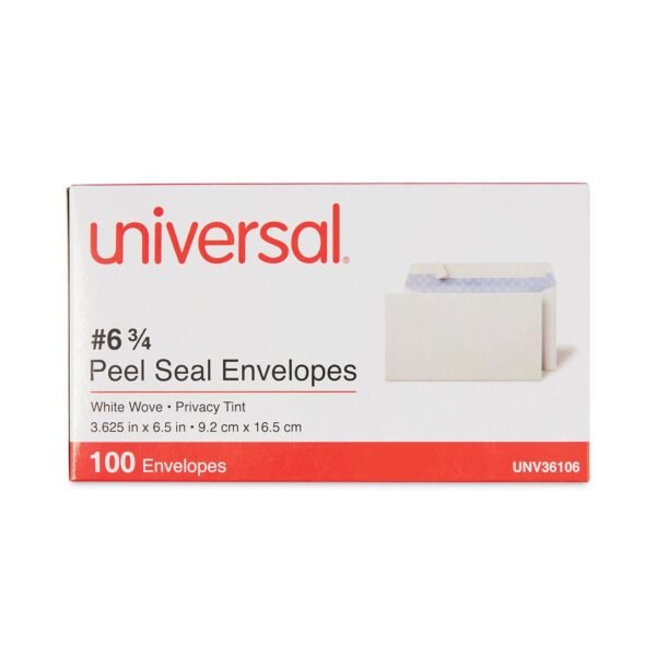 Universal Peel Seal Strip Security Tint Business Envelope, #6 3/4, Square Flap, Self-Adhesive Closure, 3.63 x 6.5, White, 100/Box (UNV36106)