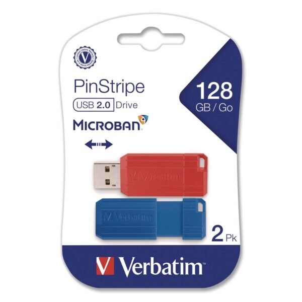 Verbatim PinStripe USB 2.0 Flash Drive, 128 GB, Blue/Red, 2/Pack (70391)