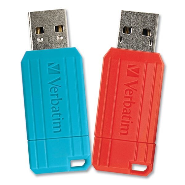 Verbatim PinStripe USB 2.0 Flash Drive, 64 GB, Caribbean Blue/Red, 2/Pack (70059)