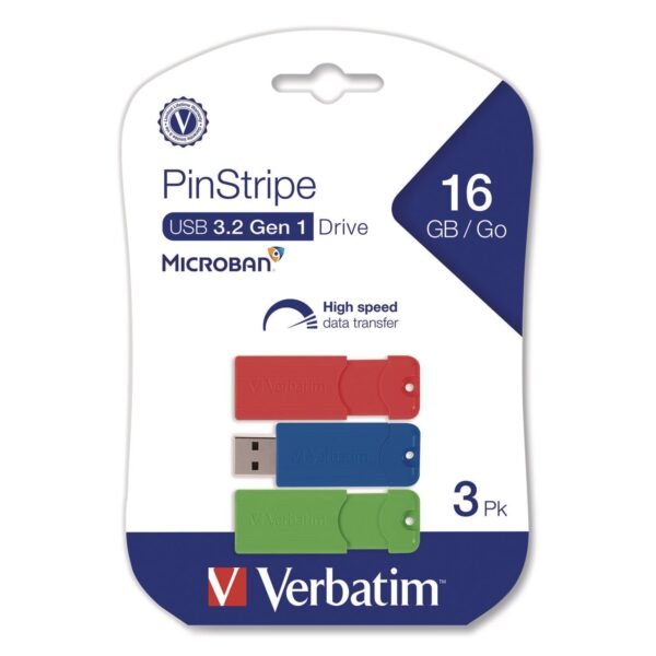 Verbatim PinStripe USB 3.2 Flash Drive, 16 GB, Blue/Green/Red, 3/Pack (70386)