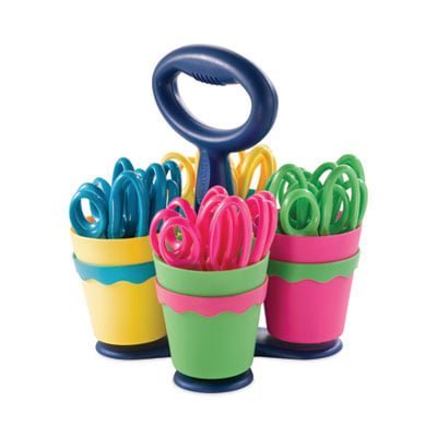 Westcott Scissor Caddy with Kids' Scissors, 5" Long, 2" Cut Length, Light Blue; Light Green; Pink; Red, Straight Handles, 24/Set 5" Overall Length - Left/Right - Stainless Steel...