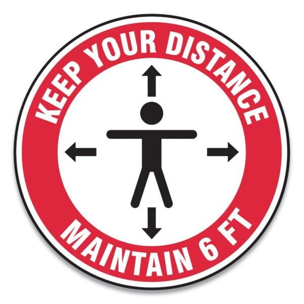 Accuform Slip-Gard Social Distance Floor Signs, 12" Circle, "Keep Your Distance Maintain 6 ft", Human/Arrows, Red/White, 25/Pack (MFS345ESP)