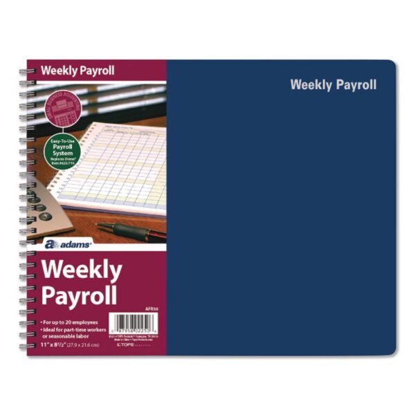 Adams Weekly Payroll Record Book for 20 Employees, Two-Page Spread: 36 Columns, Royal Blue Cover, 8.5 x 11 Sheets, 56 Sheets/Book (AFR50)