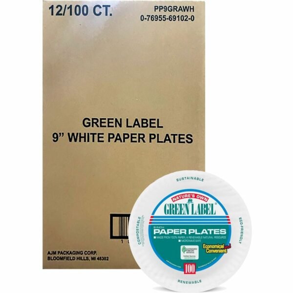 AJM 9" Green Label Economy Paper Plates Microwave Safe - 9" Diameter - White - Paper Body - 100/Bag - 12 / Carton (PP9GRA)