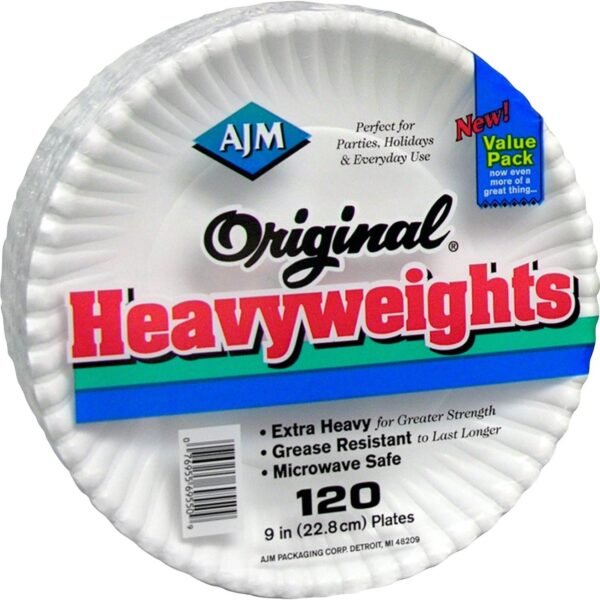 AJM 9" Original Heavyweight Plates Serving, Reheating - Disposable - Microwave Safe - 9" Diameter - White - Paper Body - 120 / Pack (OH9AJBXWH)