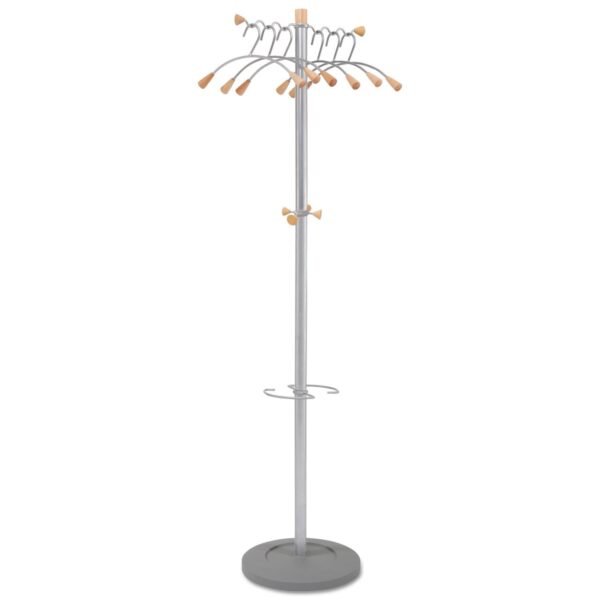Alba Wavy Coat Tree, Six Hangers/Two Knobs/Four Hooks, 18.88w x 14d x 68.5h, Silver/Wood (PMWAVE)