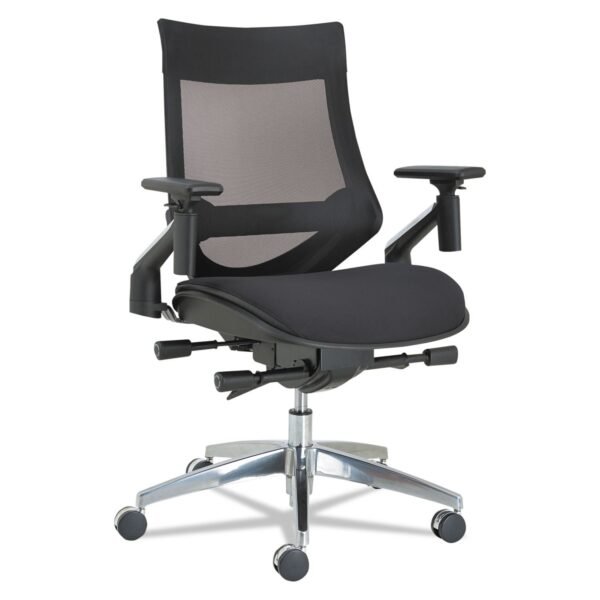 Alera EB-W Series Pivot Arm Multifunction Mesh Chair, Supports 275 lb, 18.62" to 22.32" Seat, Black Seat/Back, Aluminum Base (ALEEBW4213)