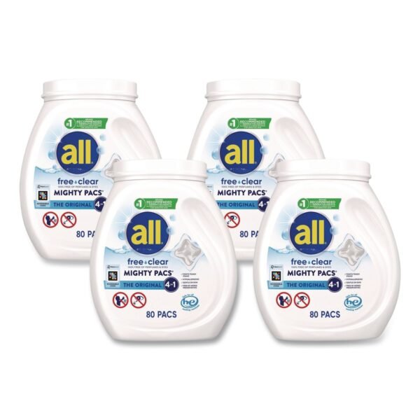 All MIGHTY PACS Free Clear Laundry Detergent, 80 Pods/Tub, 4 Tubs/Carton (47508)